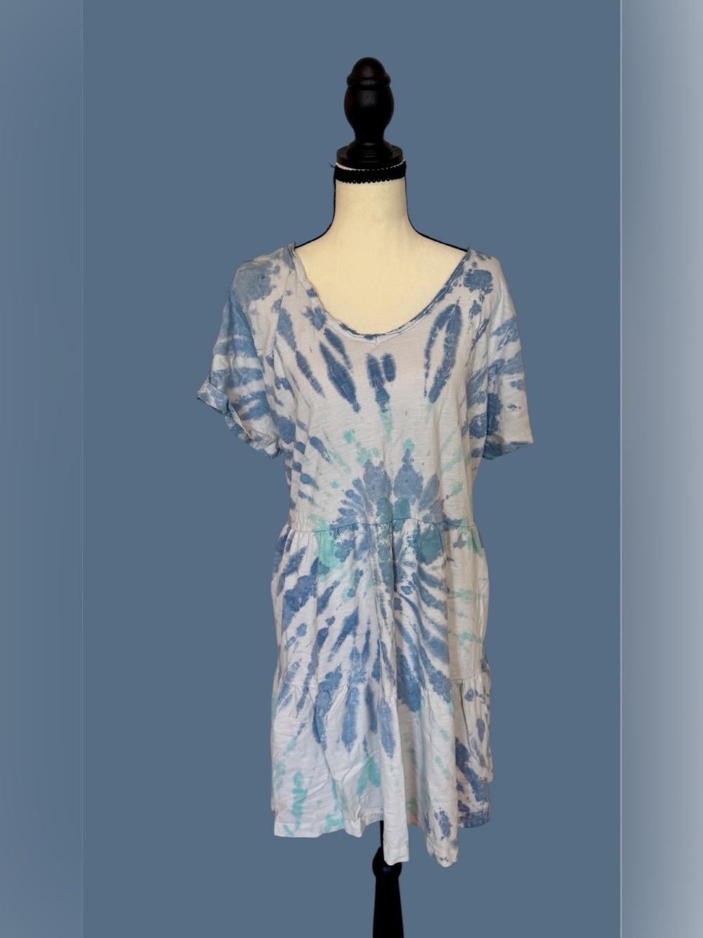 Casual Blue Tie-Dye Babydoll Dress with Short Sleeves